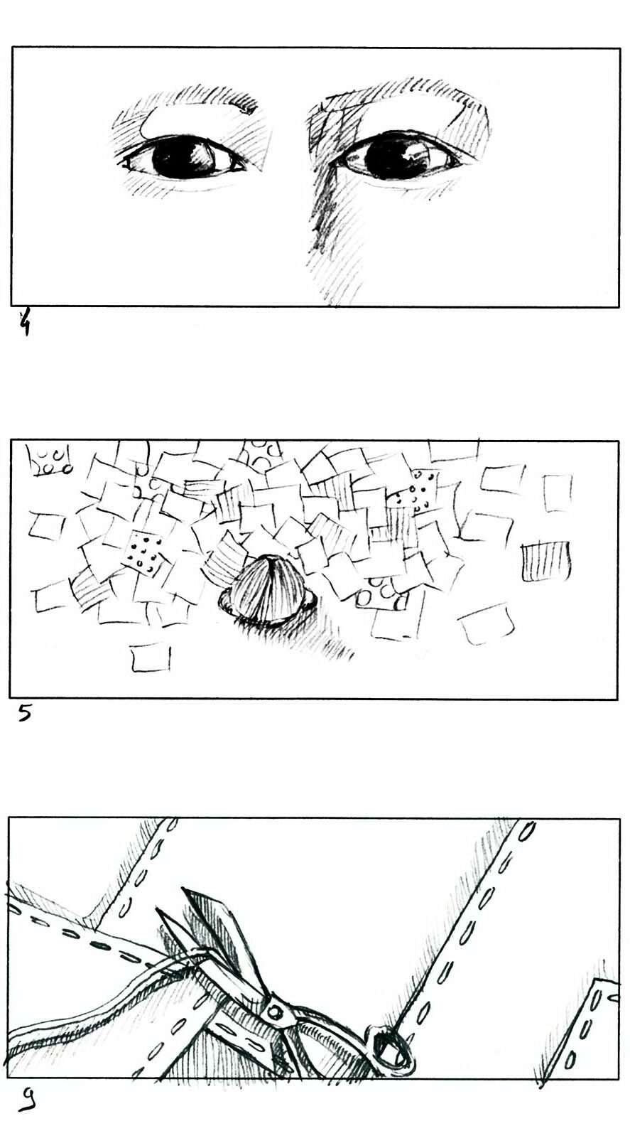 Seconde partie d'un storyboard pour la direction artistique vidéo du projet Nunchi.